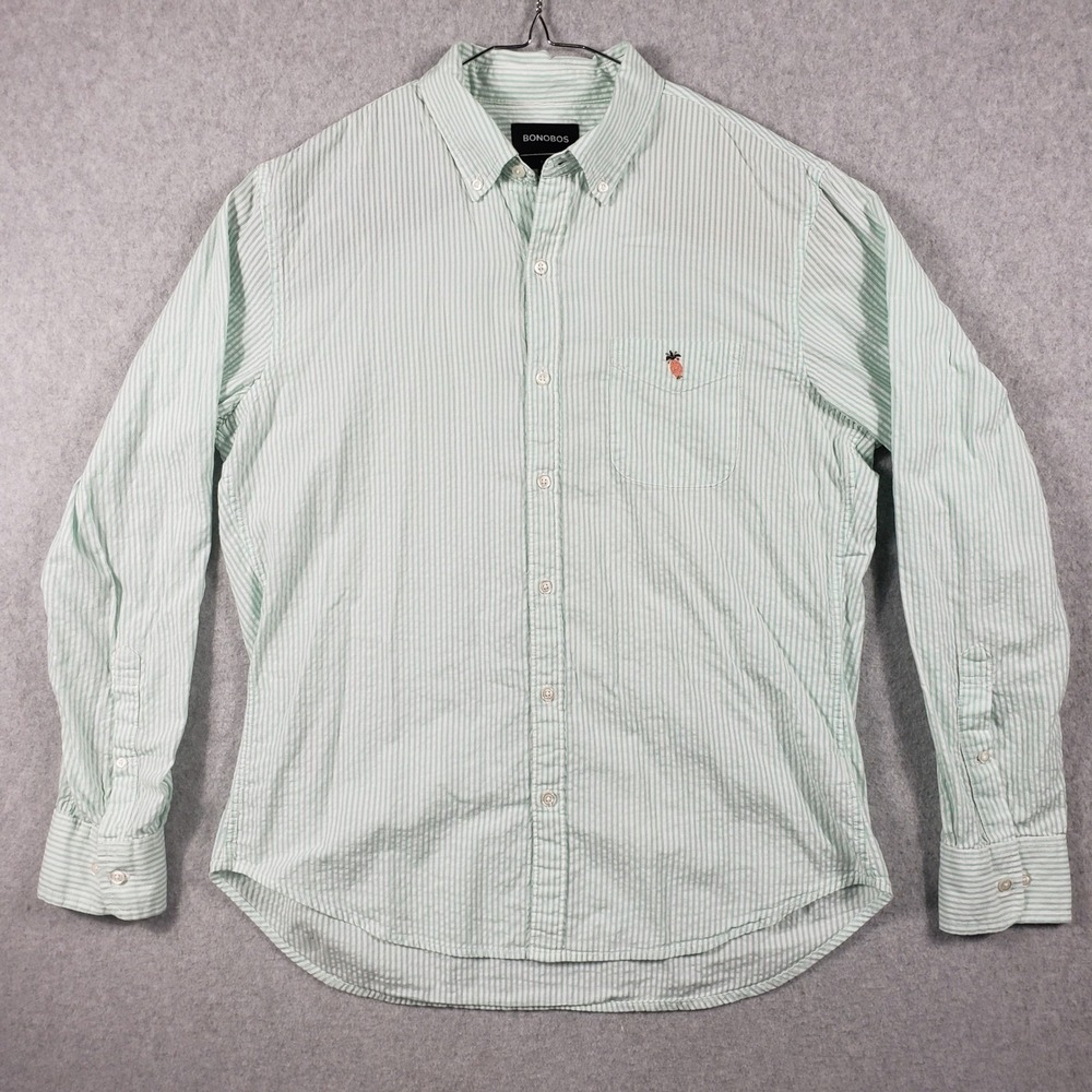 Bonobos Slim Fit Men L Dress Shirt Green White Pinstripe Long Sleev Professional